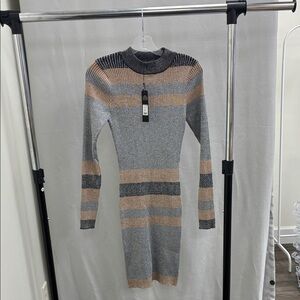 Fashion Nova Gray and Tan Striped Long Sleeve Dress